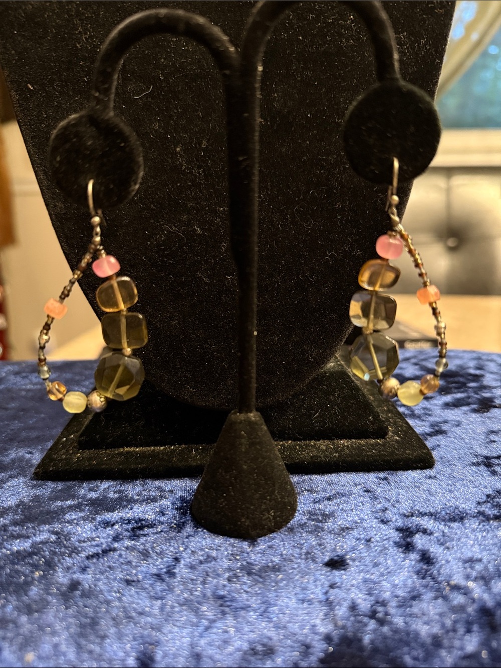 Artisian , semi precious stone and glass sterling silver wire earrings